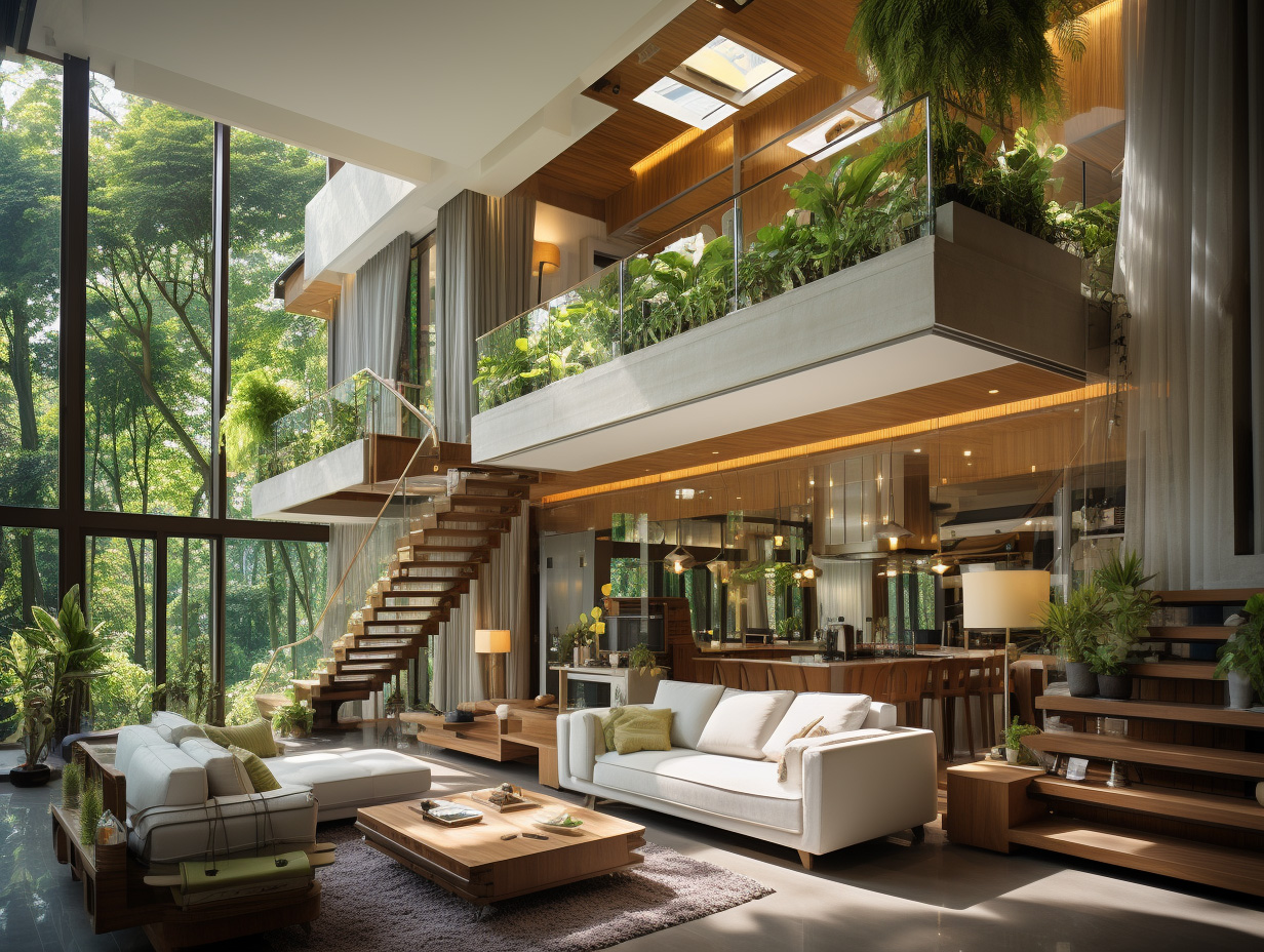 Eco-friendly home interior living room two story